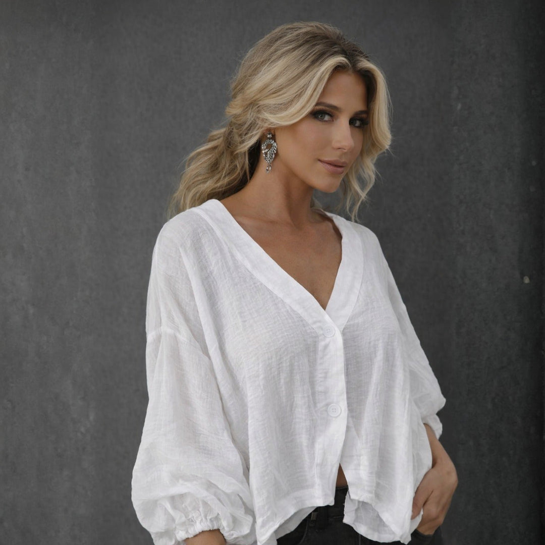 Batwing Sleeve Cotton-Linen Blouse