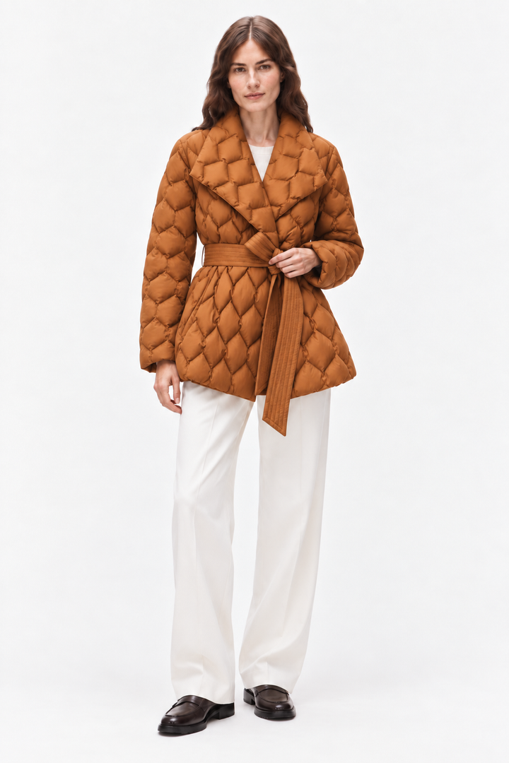 Belted quilted down coat