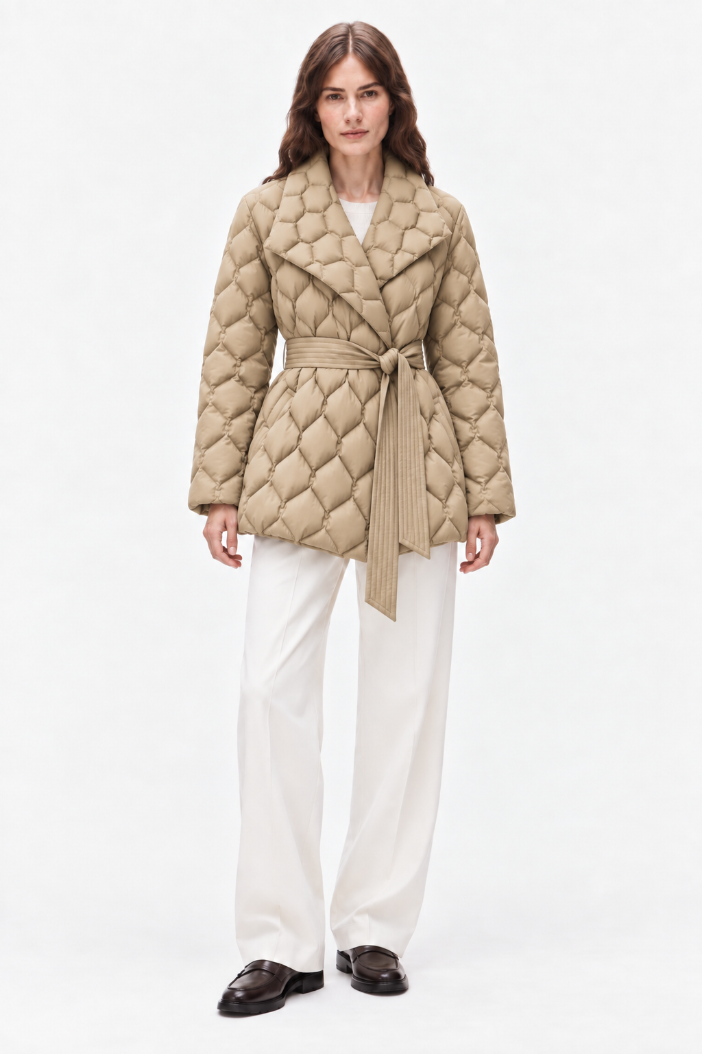 Belted quilted down coat