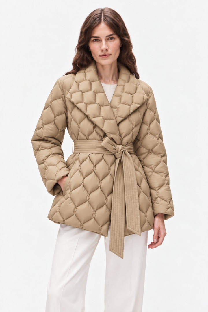 Belted quilted down coat