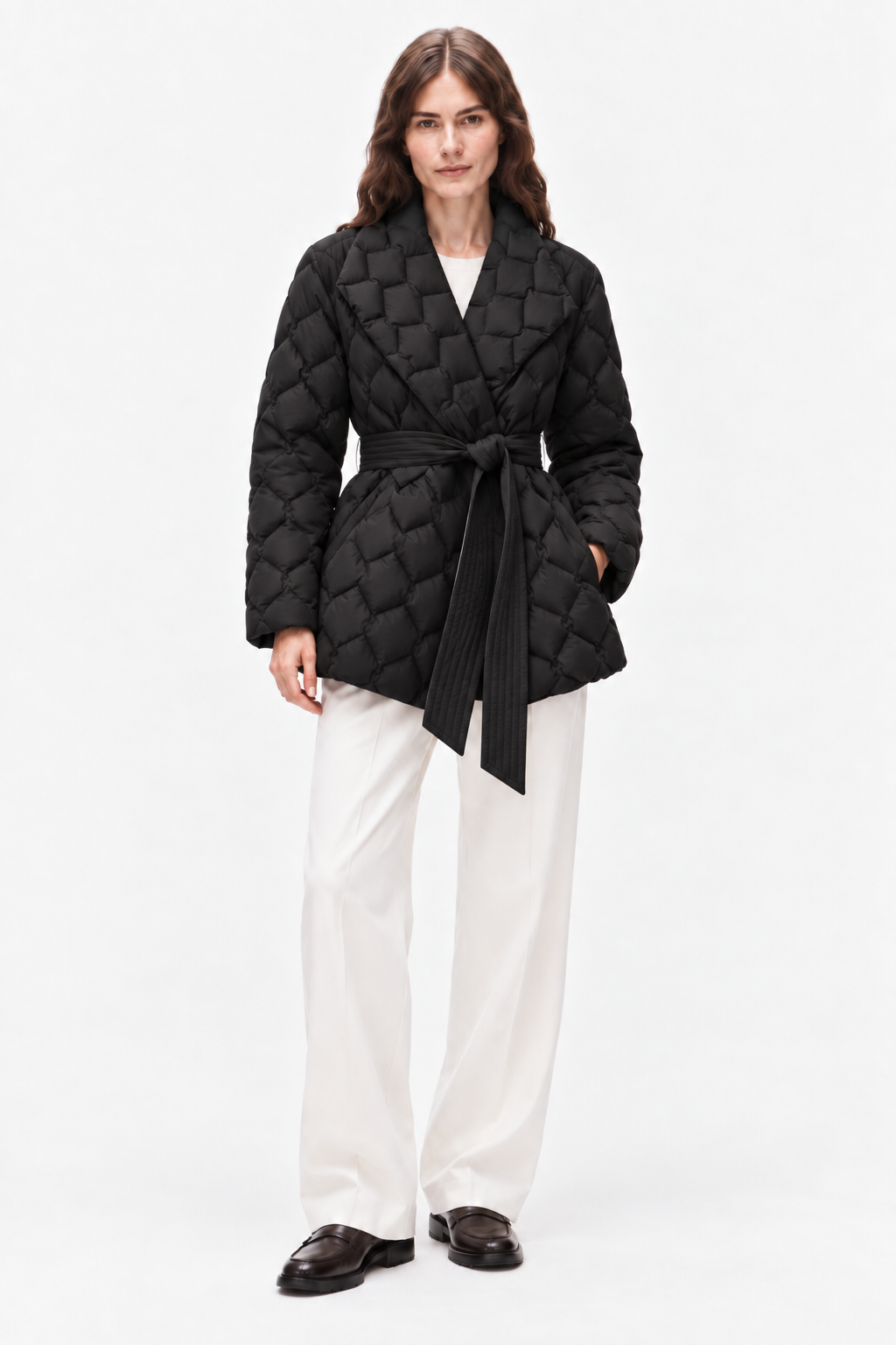 Belted quilted down coat