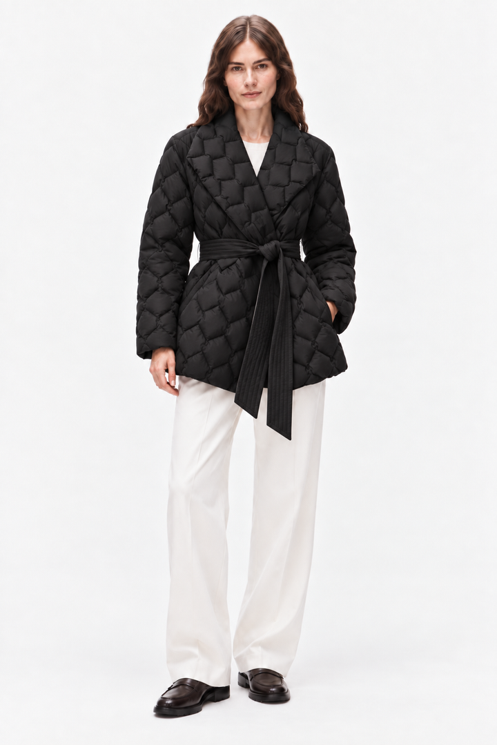 Belted quilted down coat