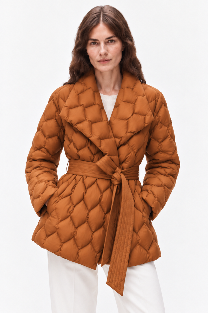 Belted quilted down coat