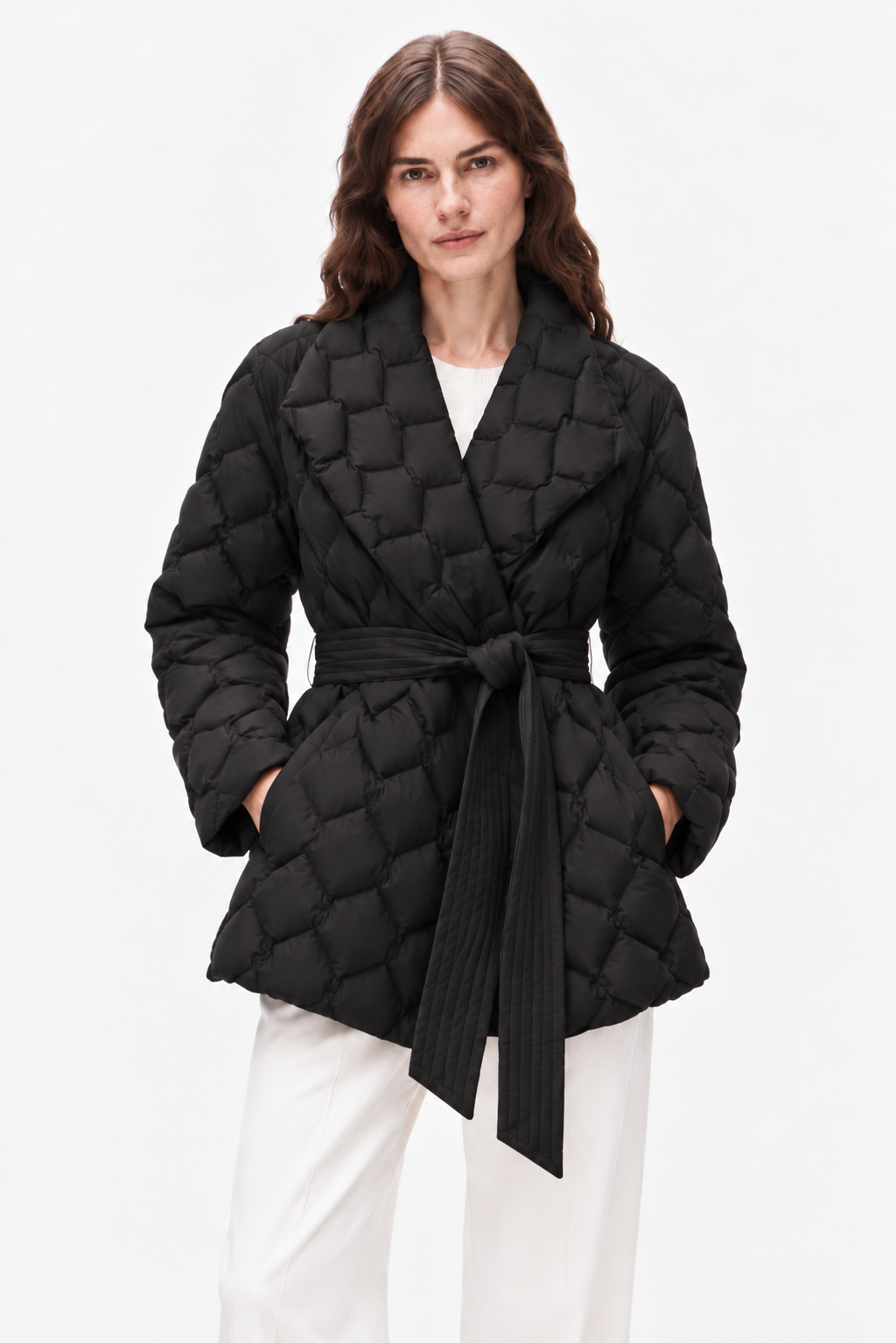 Belted quilted down coat