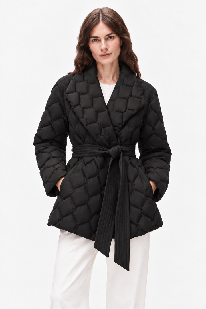 Belted quilted down coat