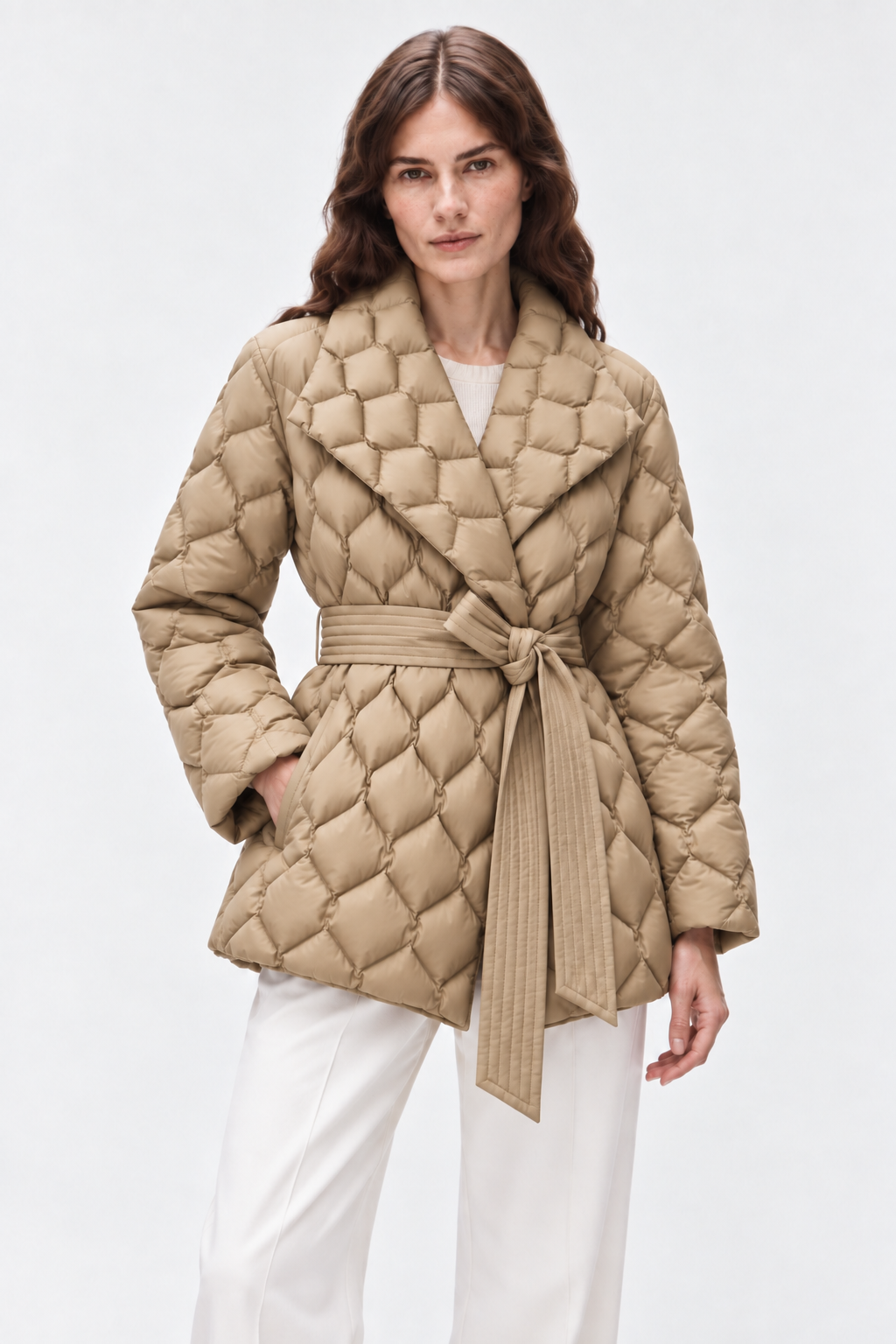 Belted quilted down coat