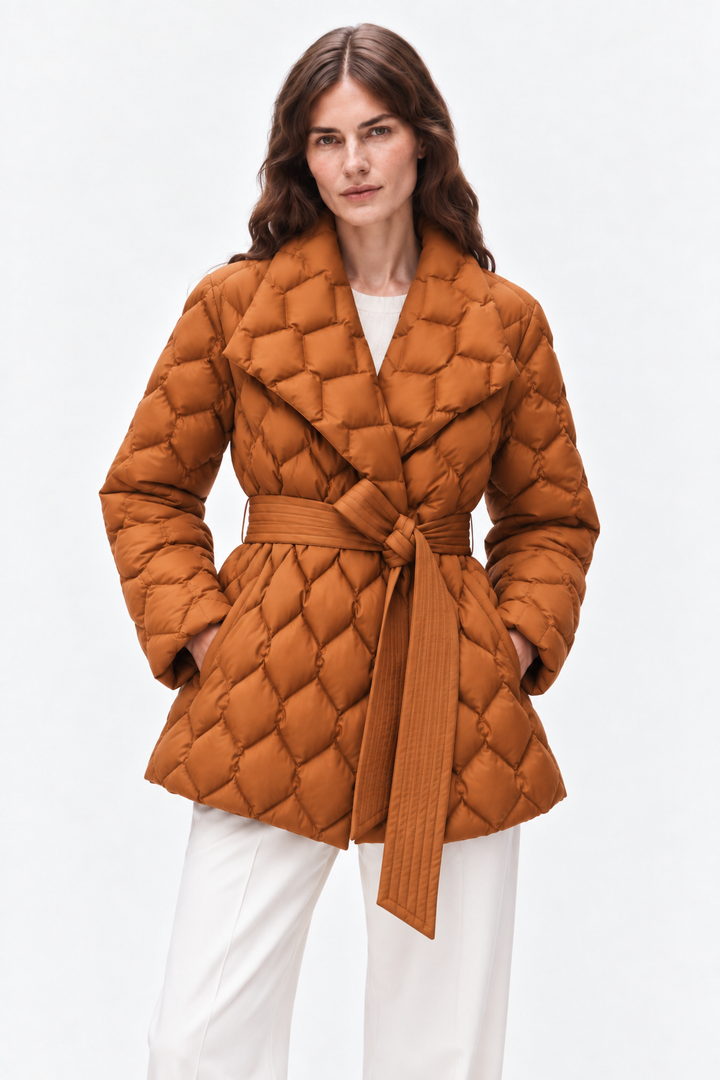 Belted quilted down coat