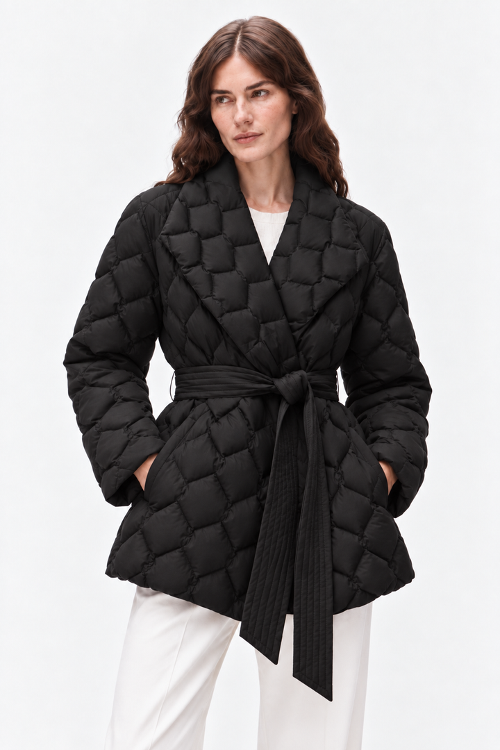 Belted quilted down coat