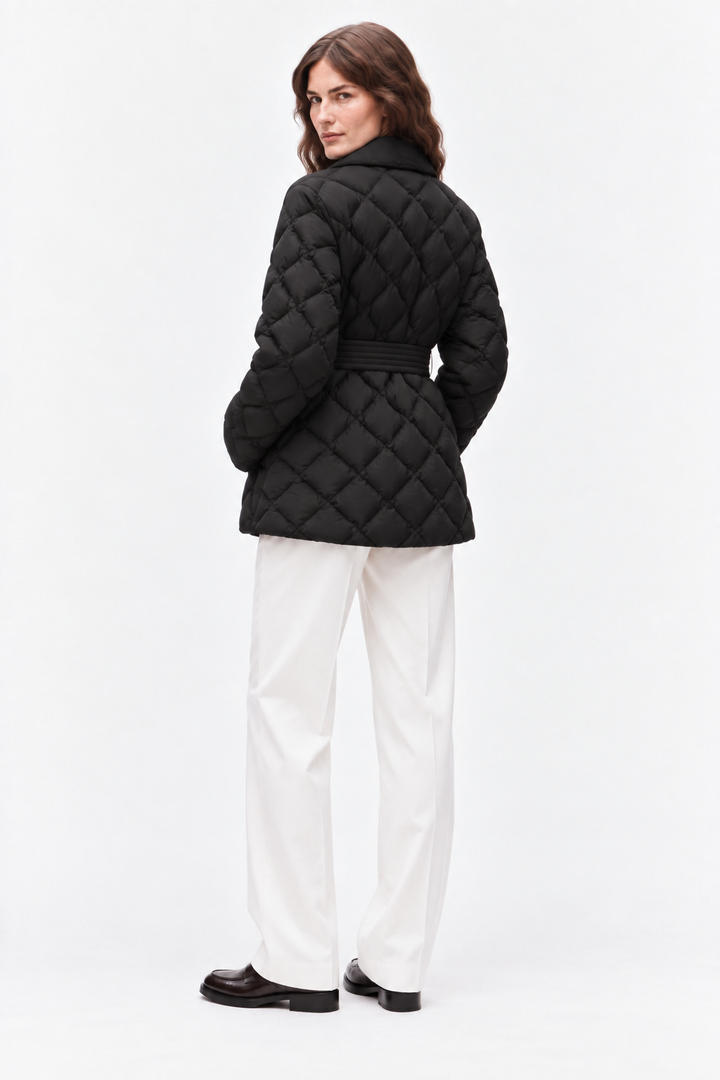Belted quilted down coat