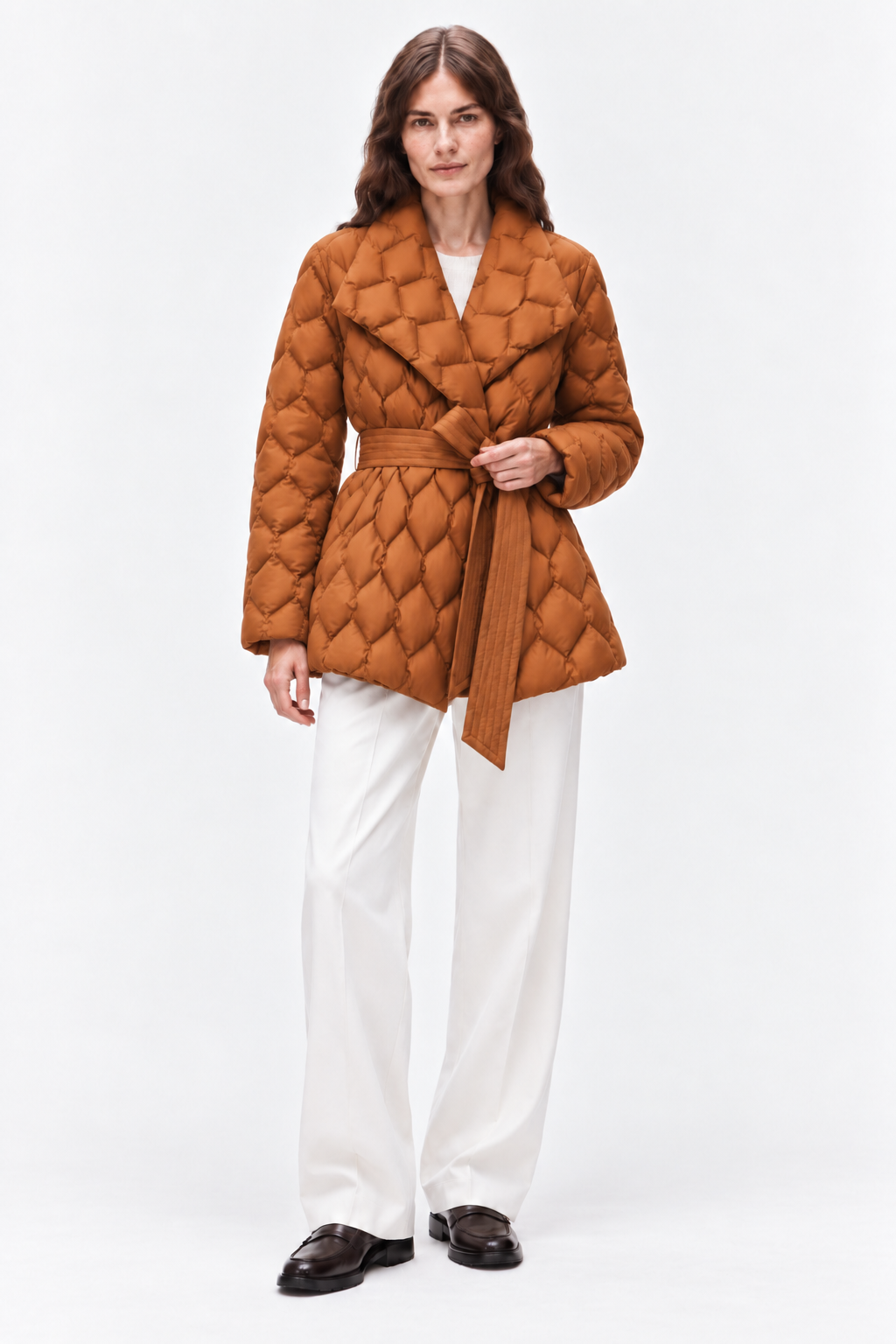 Belted quilted down coat