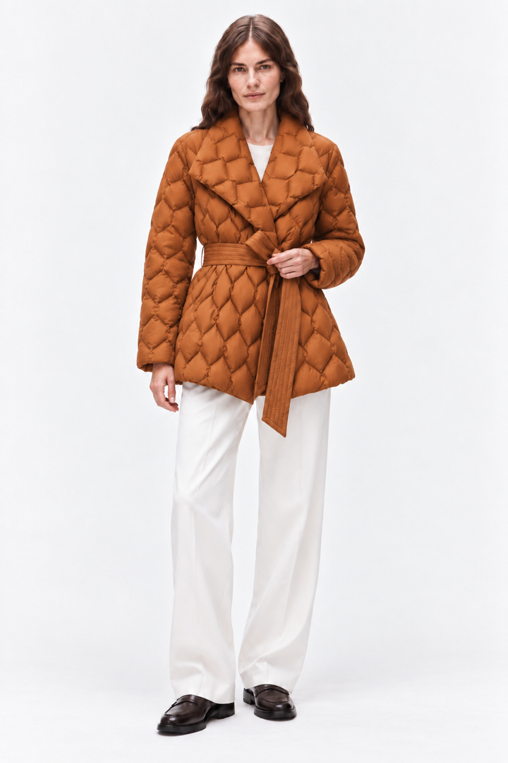 Belted quilted down coat