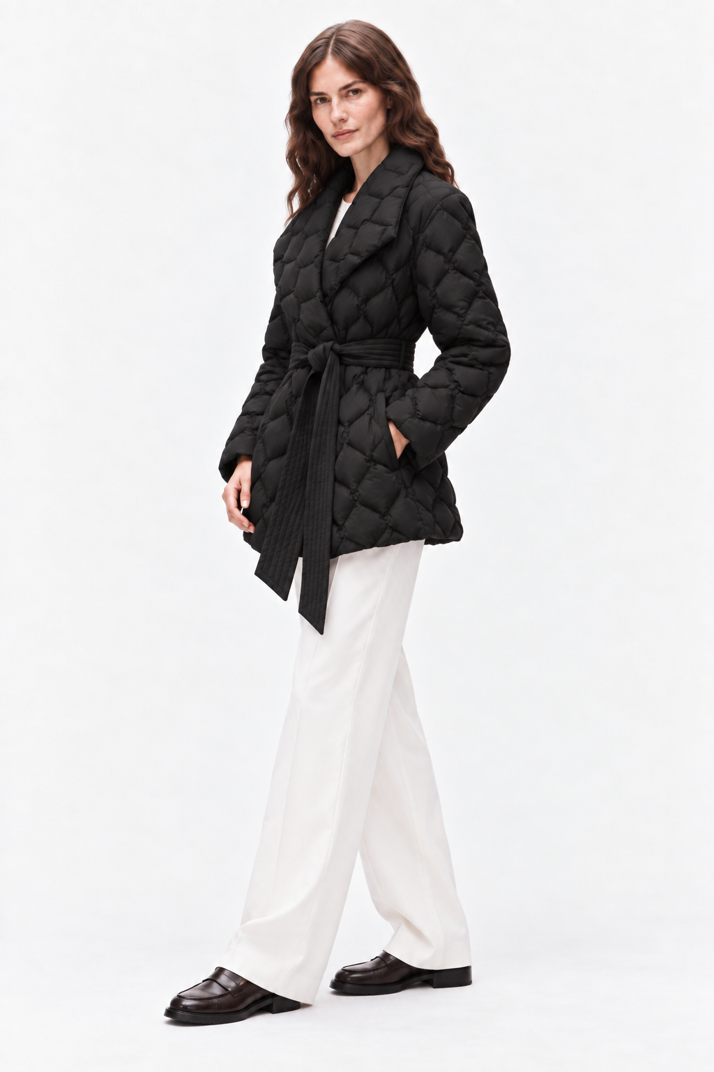 Belted quilted down coat