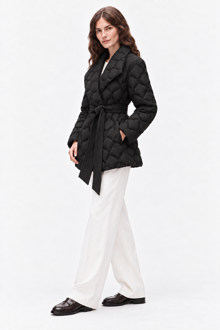 Belted quilted down coat