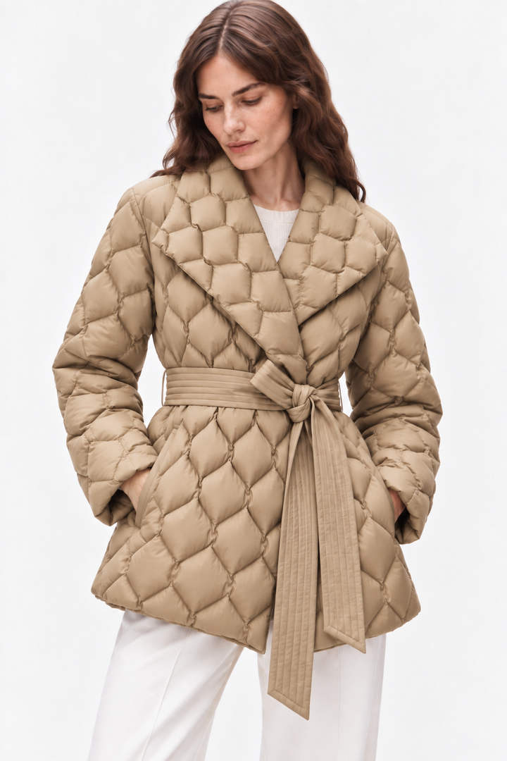 Belted quilted down coat