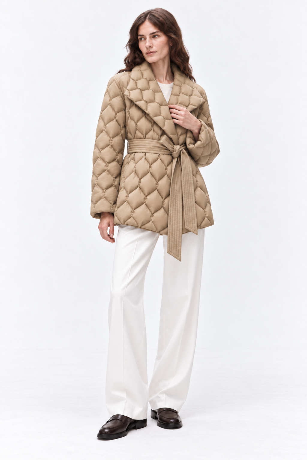 Belted quilted down coat