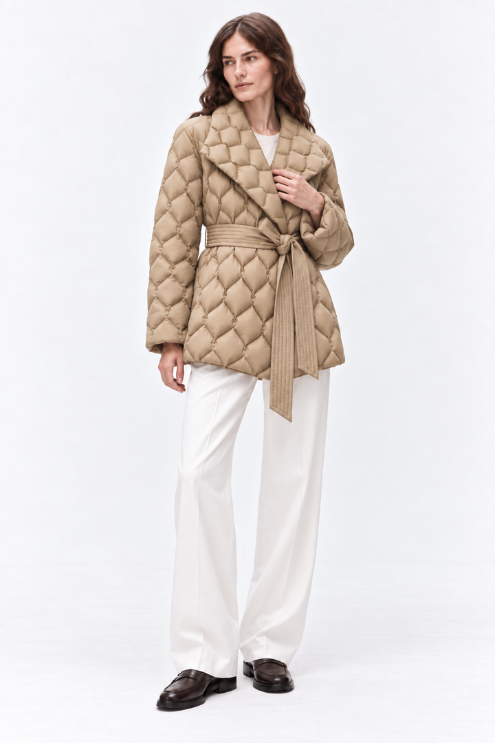 Belted quilted down coat