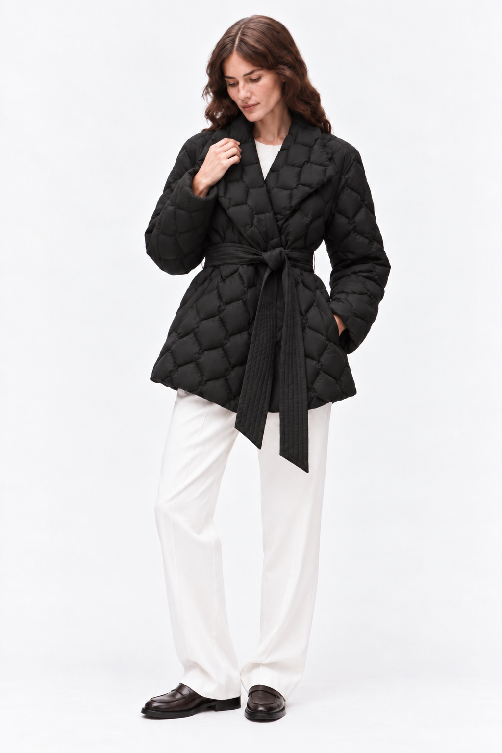 Belted quilted down coat