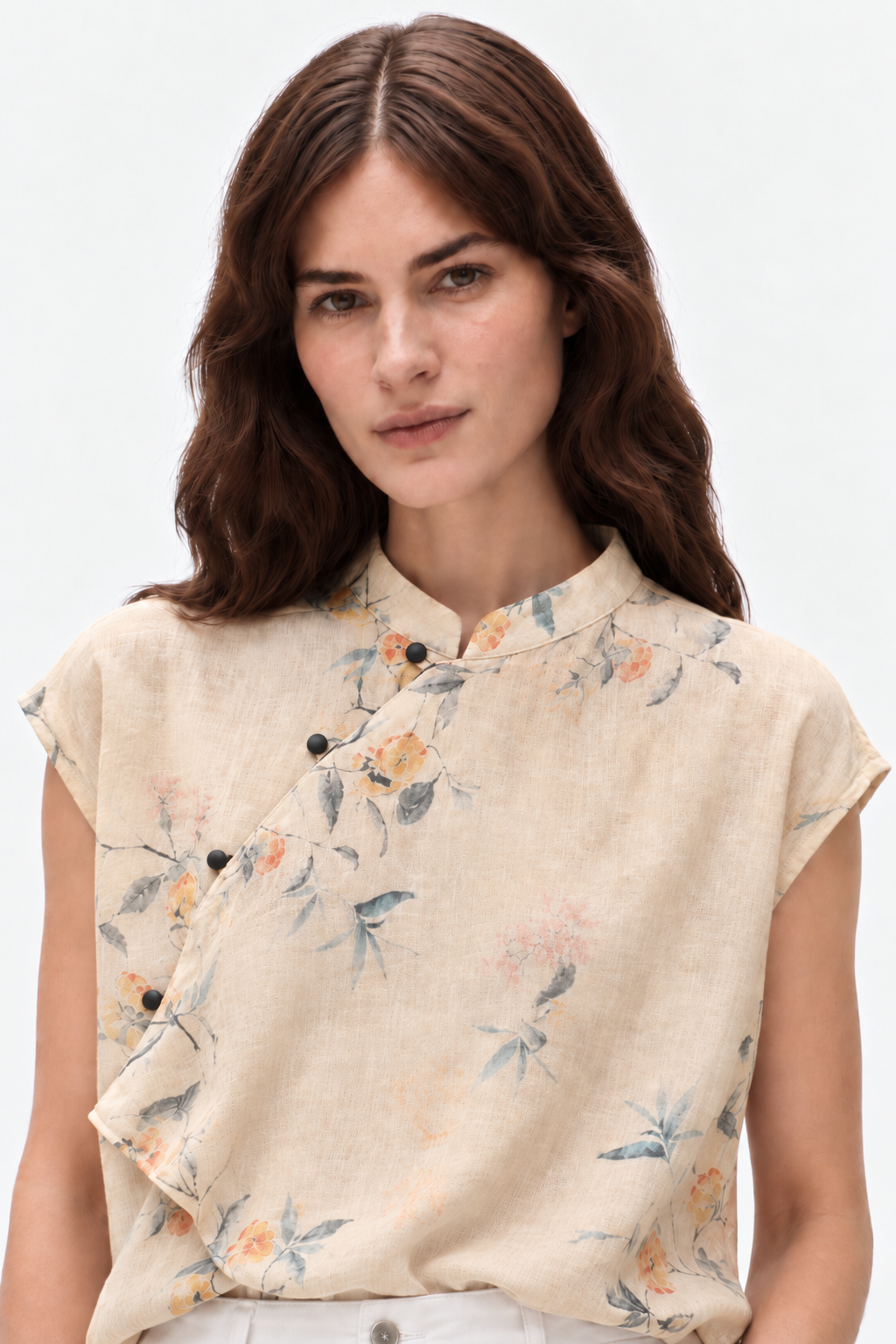 Floral linen mandarin blouse