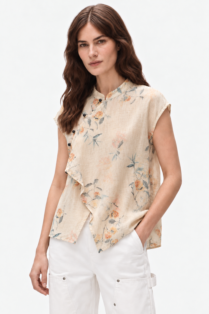 Floral linen mandarin blouse
