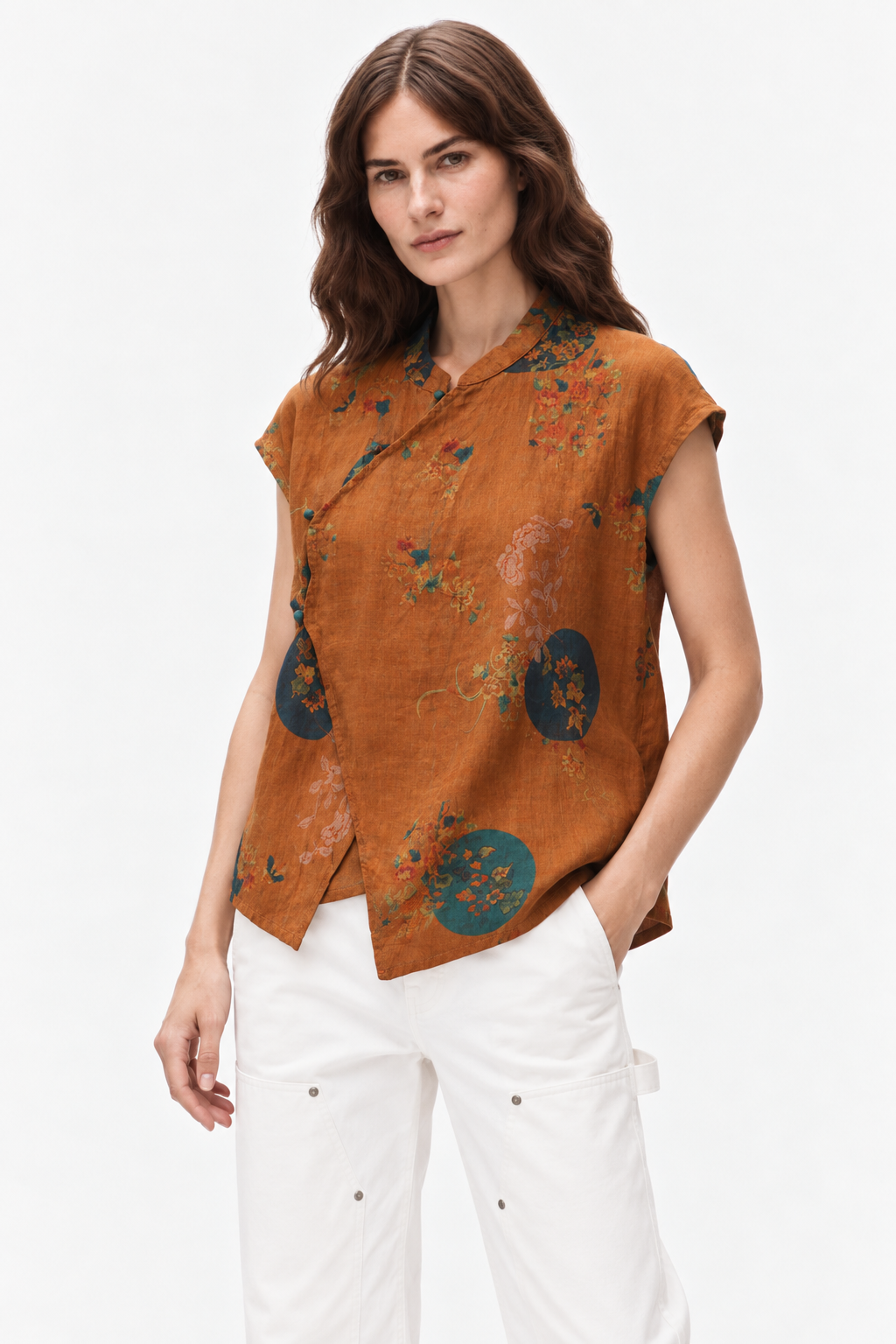 Floral linen mandarin blouse