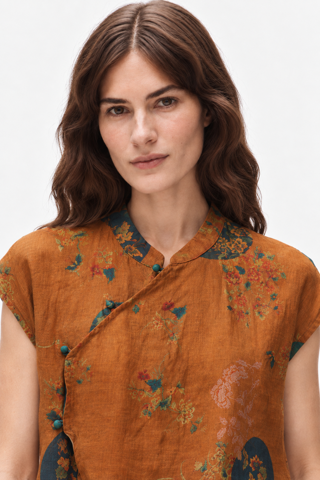 Floral linen mandarin blouse