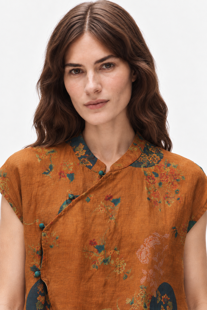 Floral linen mandarin blouse