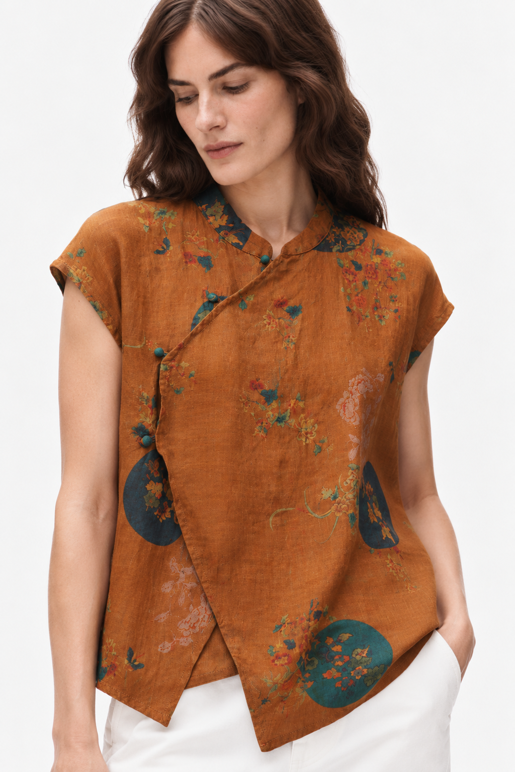 Floral linen mandarin blouse