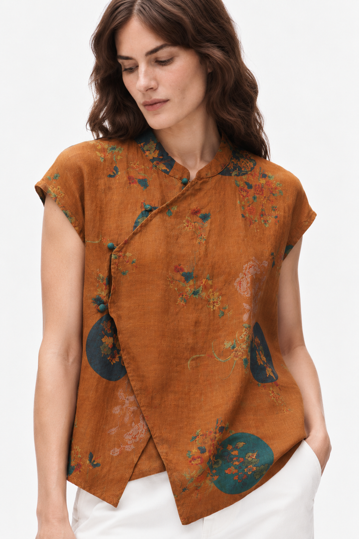 Floral linen mandarin blouse