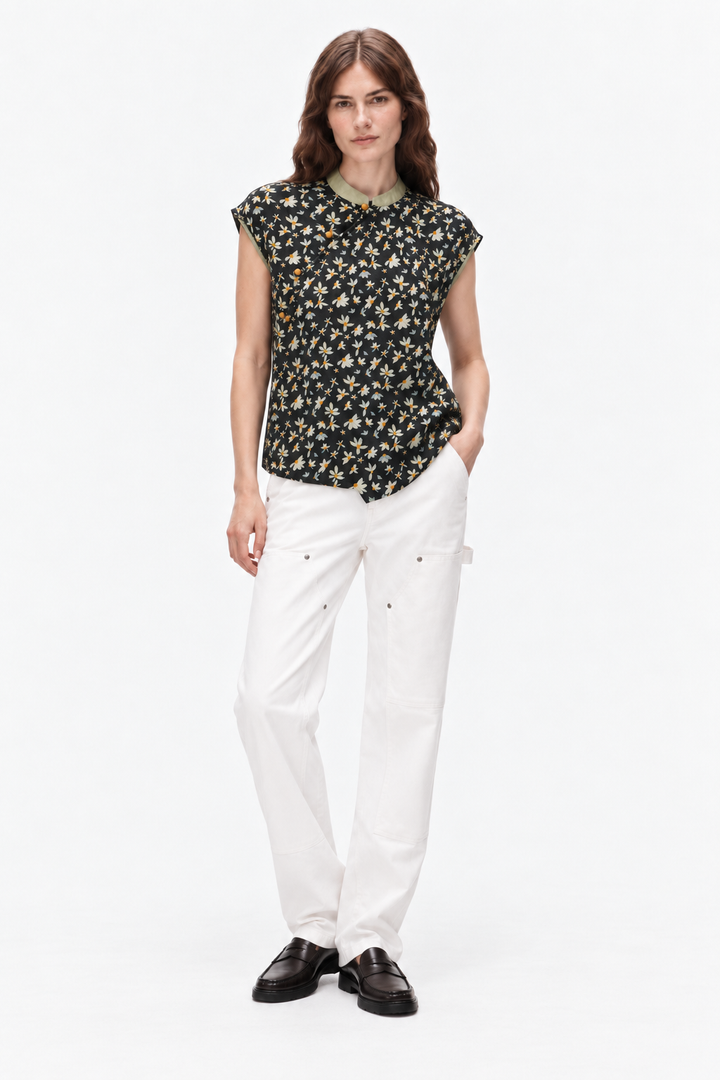 Floral linen mandarin blouse