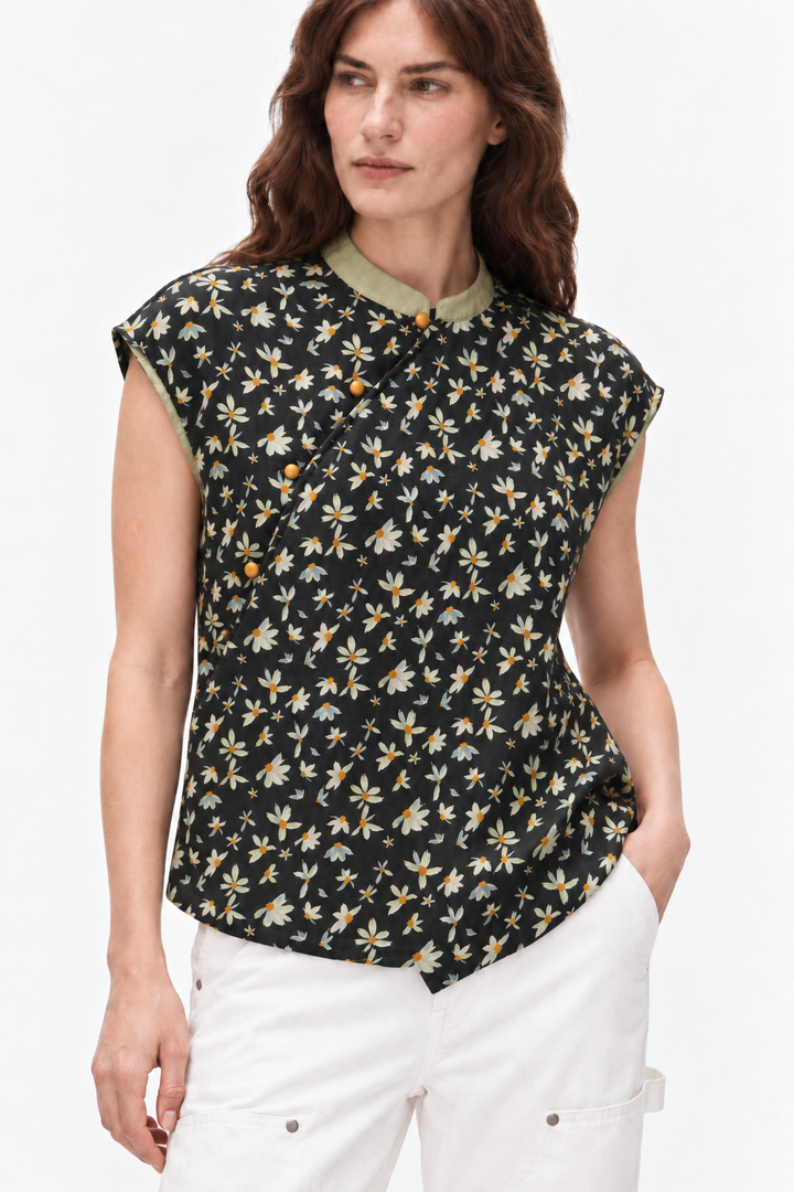 Floral linen mandarin blouse