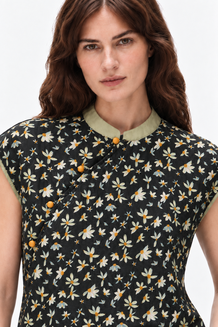 Floral linen mandarin blouse