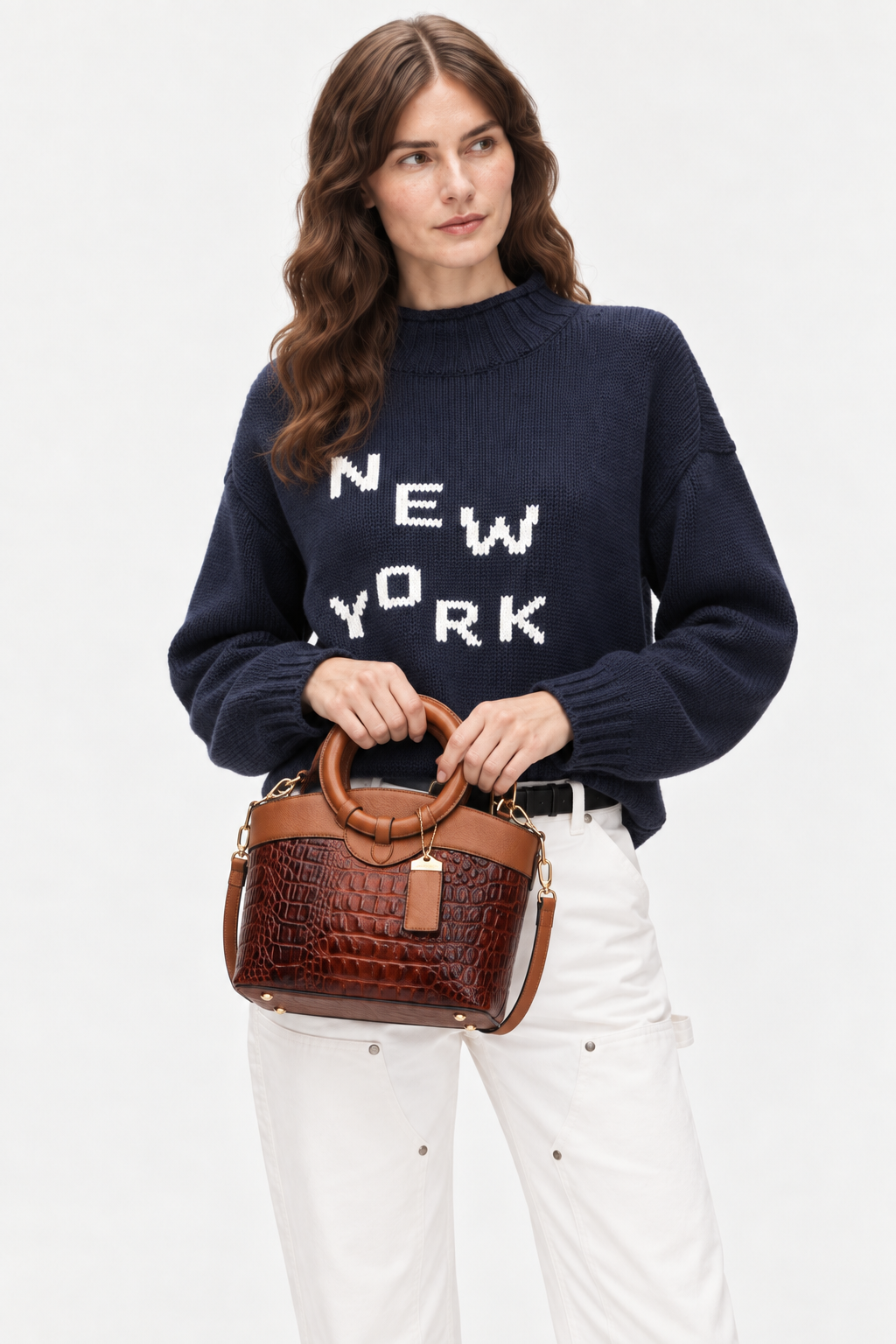 Crocodile-embossed circular handle bag