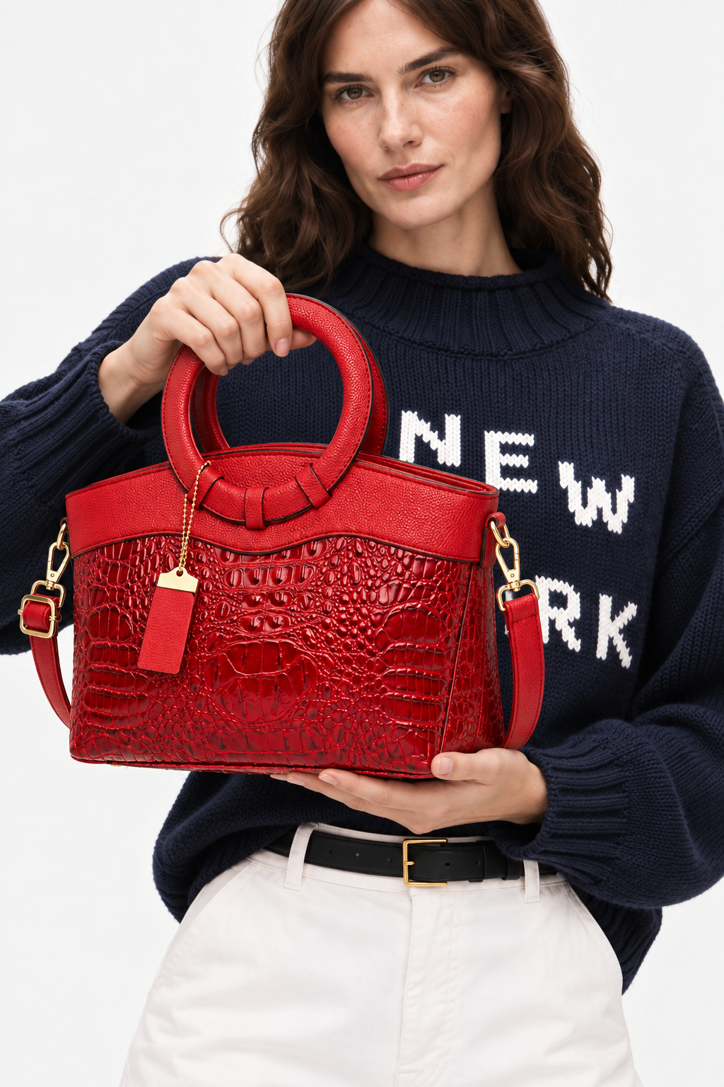 Crocodile-embossed circular handle bag