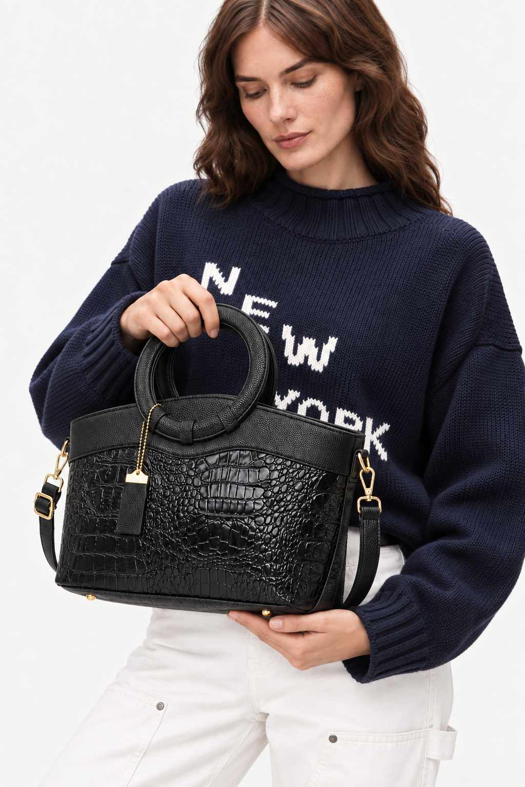Crocodile-embossed circular handle bag
