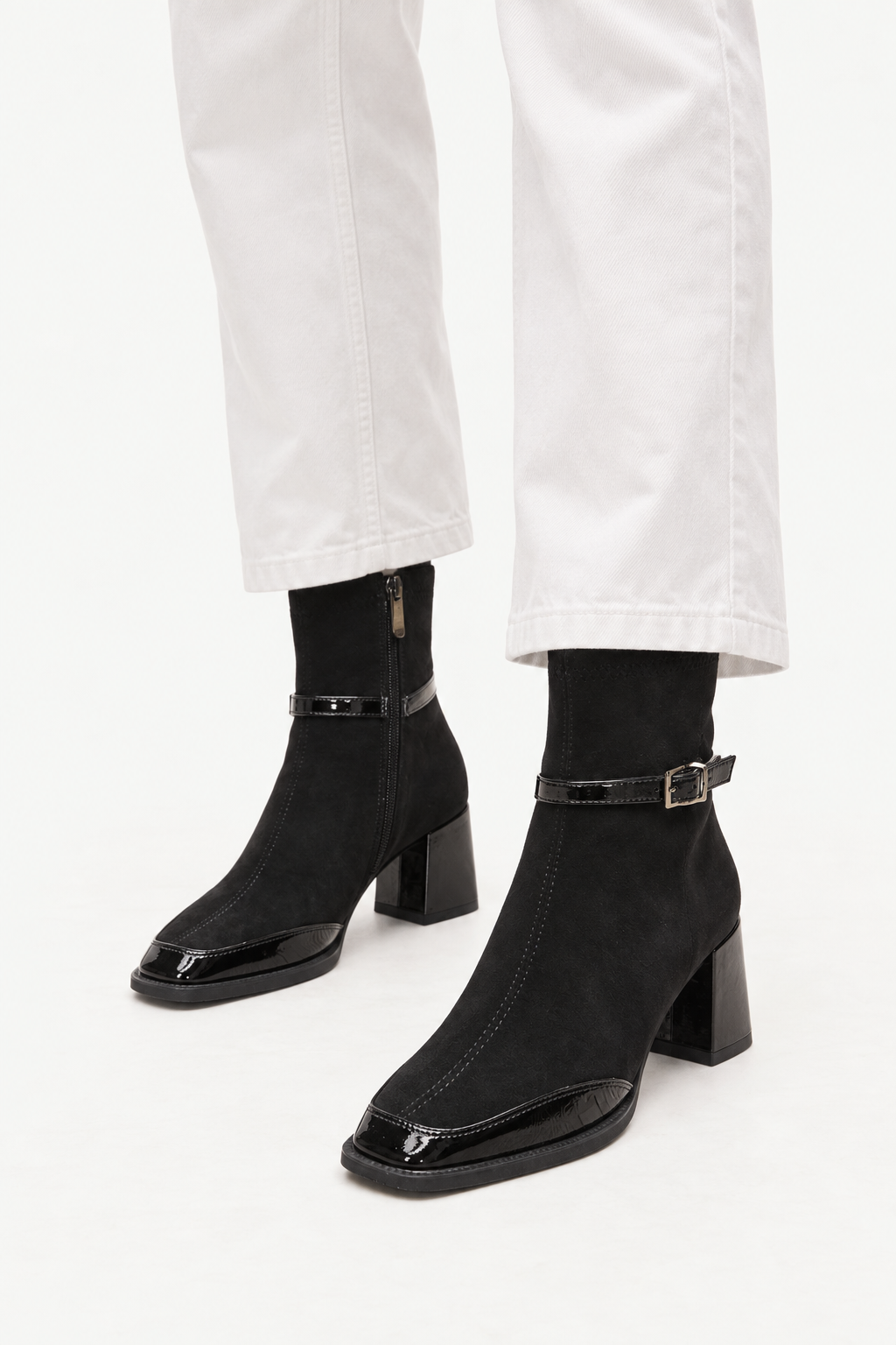 Suede square-toe buckle boots