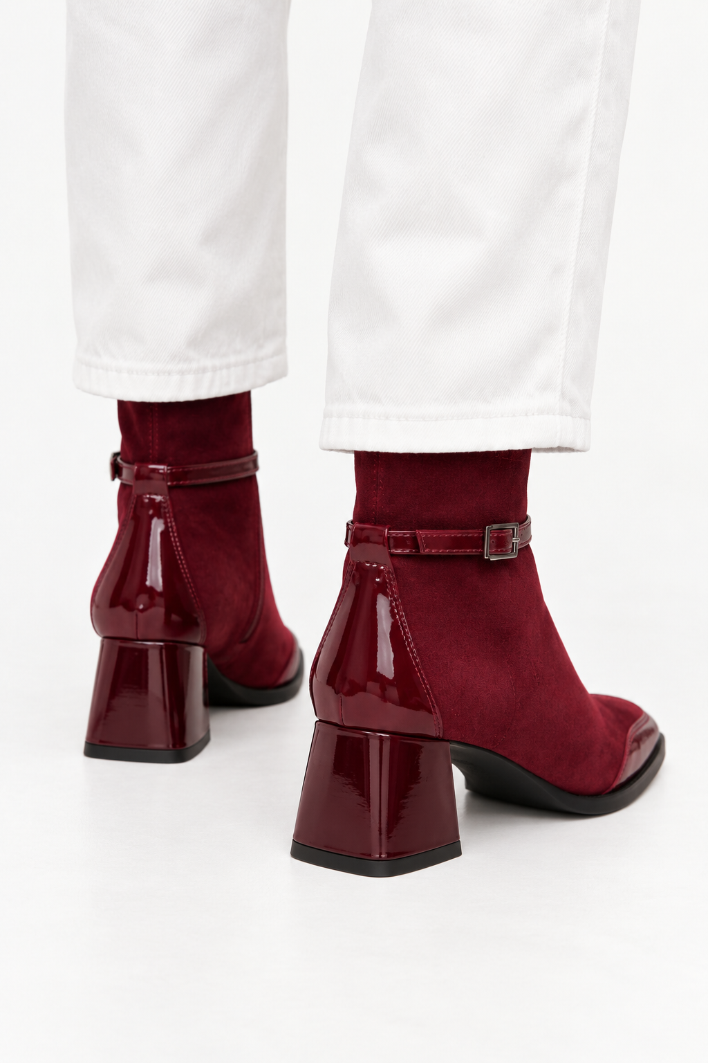Suede square-toe buckle boots