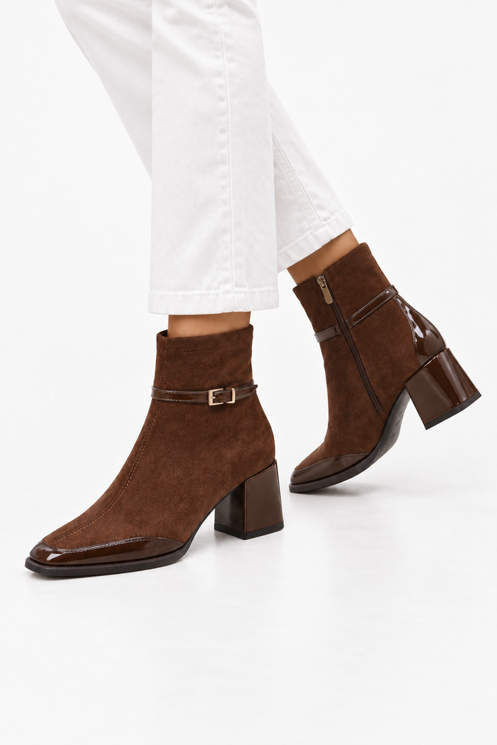 Suede square-toe buckle boots