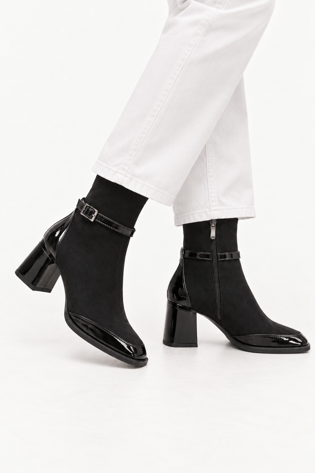 Suede square-toe buckle boots