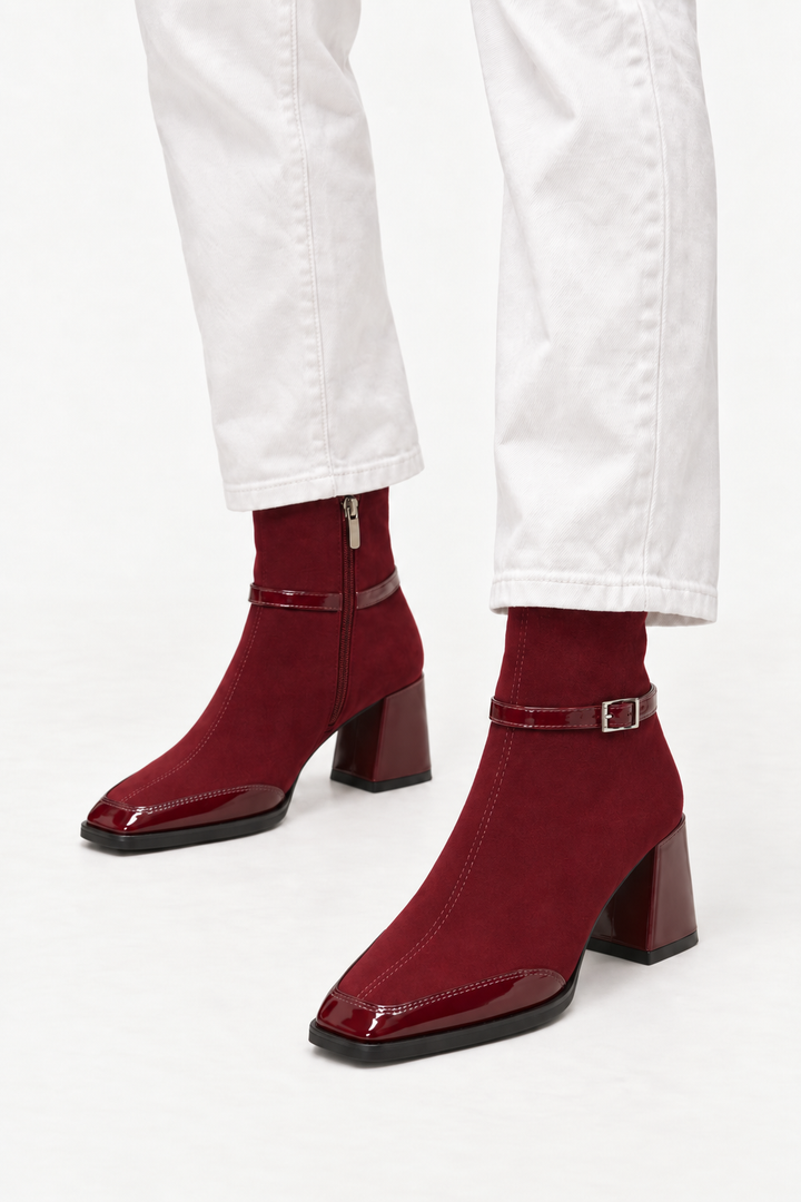Suede square-toe buckle boots