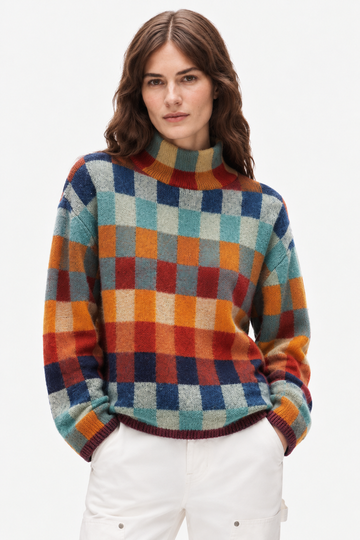 Colorblock Checkered Merino Sweater