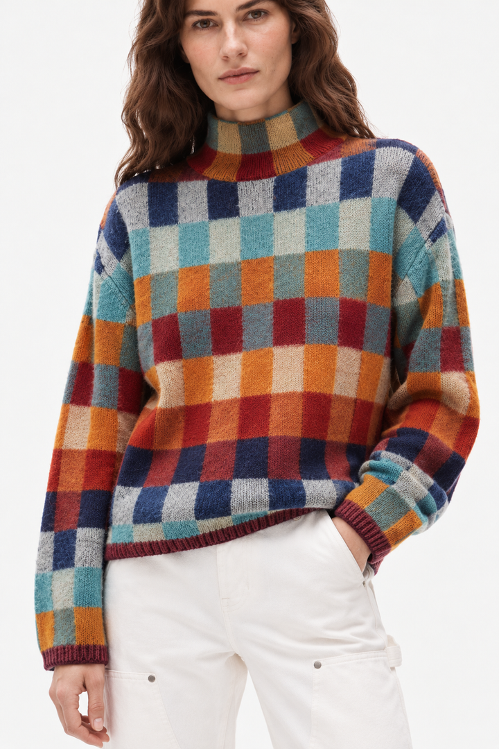 Colorblock Checkered Merino Sweater