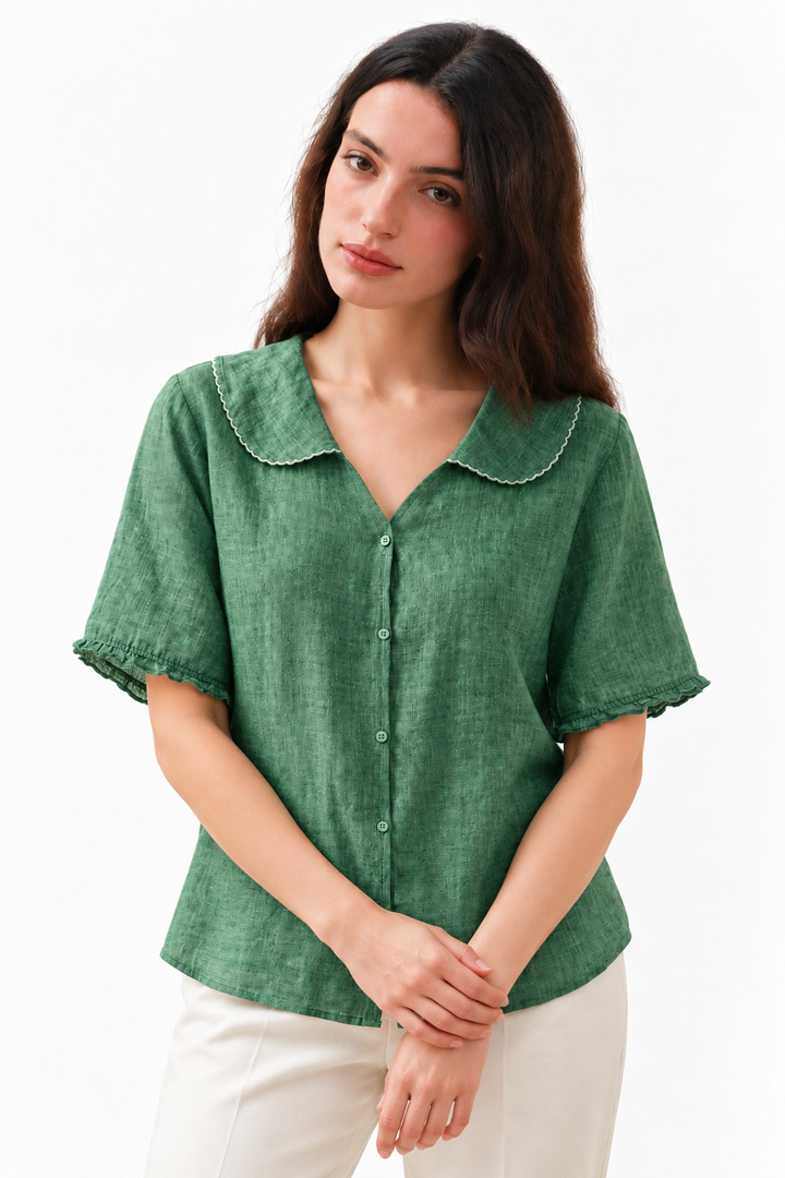 Cotton-Linen Blend Blouse – Scalloped Collar & Easy Movement