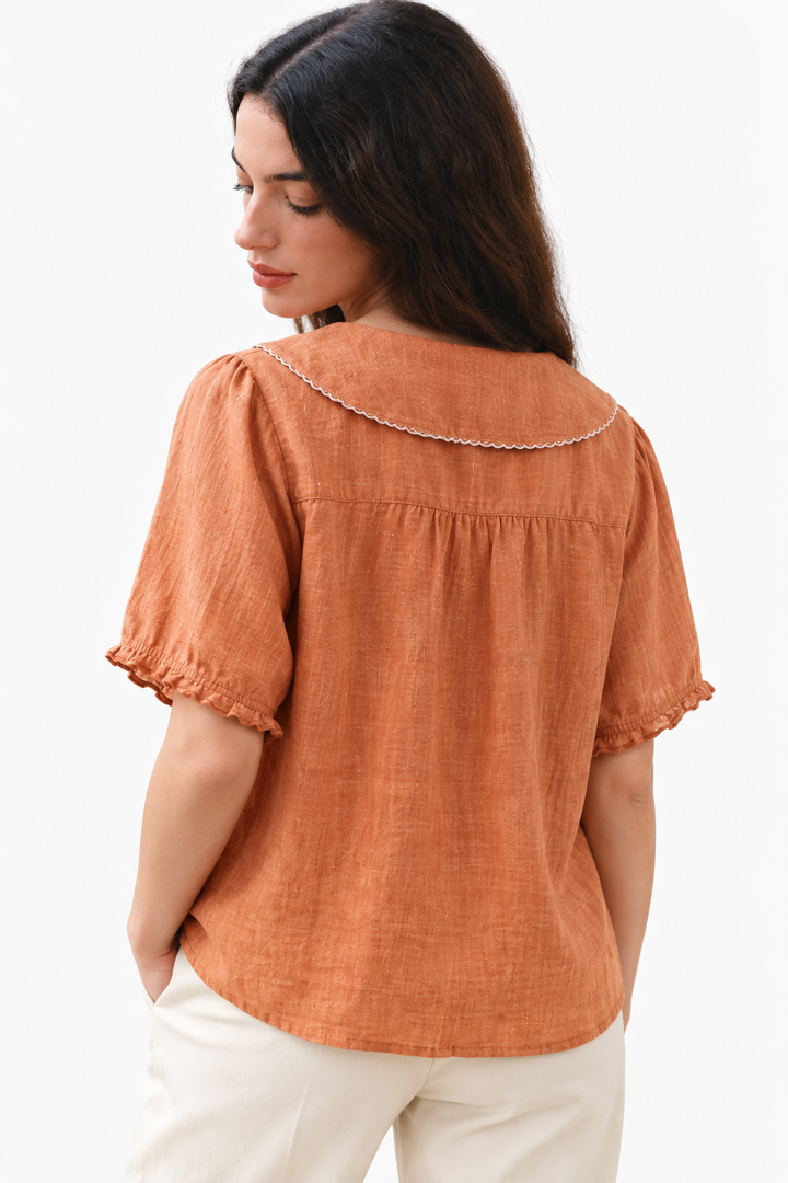 Cotton-Linen Blend Blouse – Scalloped Collar & Easy Movement