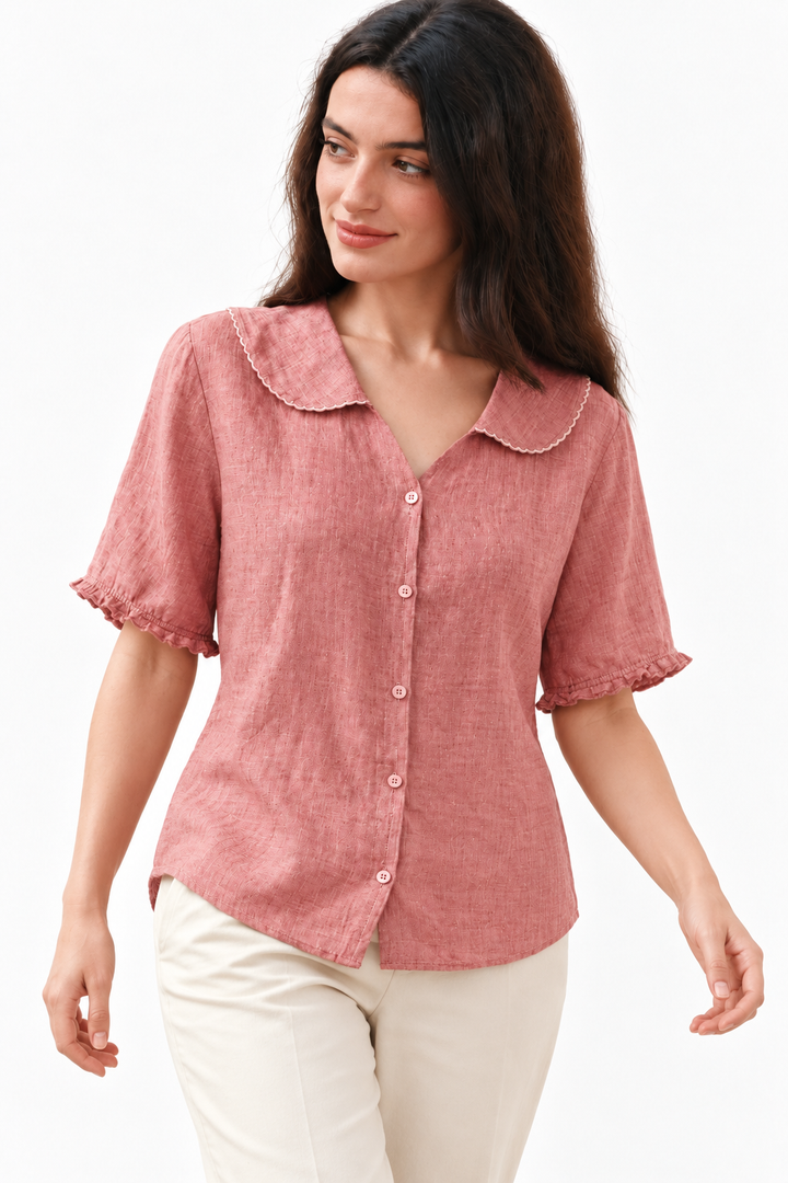 Cotton-Linen Blend Blouse – Scalloped Collar & Easy Movement