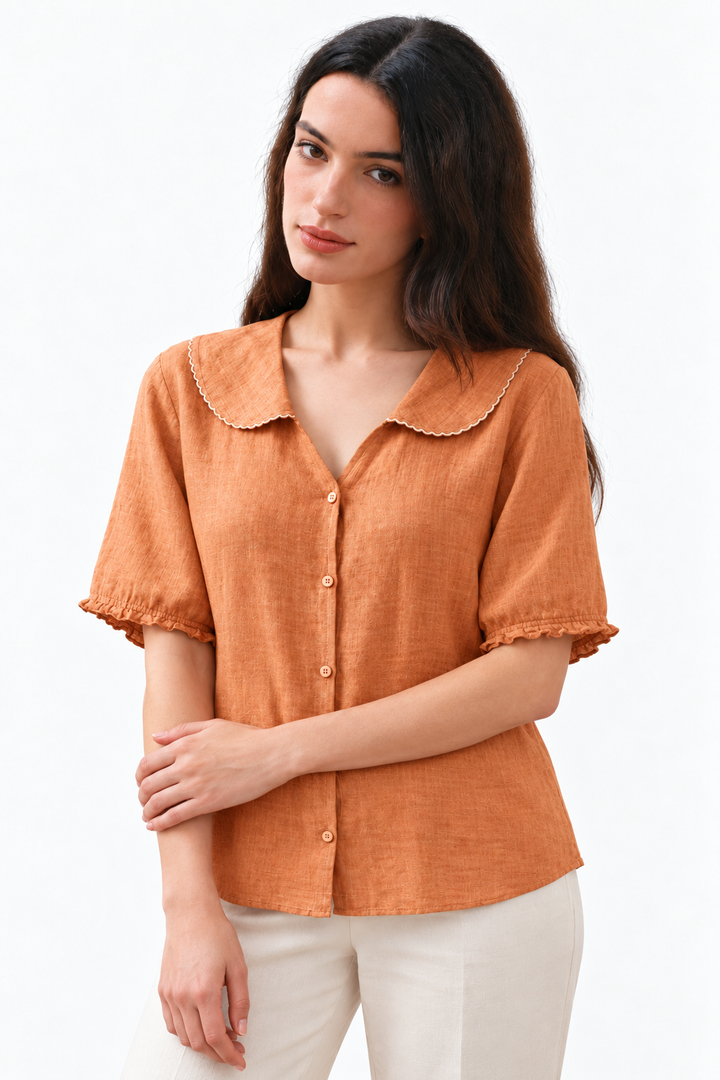 Cotton-Linen Blend Blouse – Scalloped Collar & Easy Movement