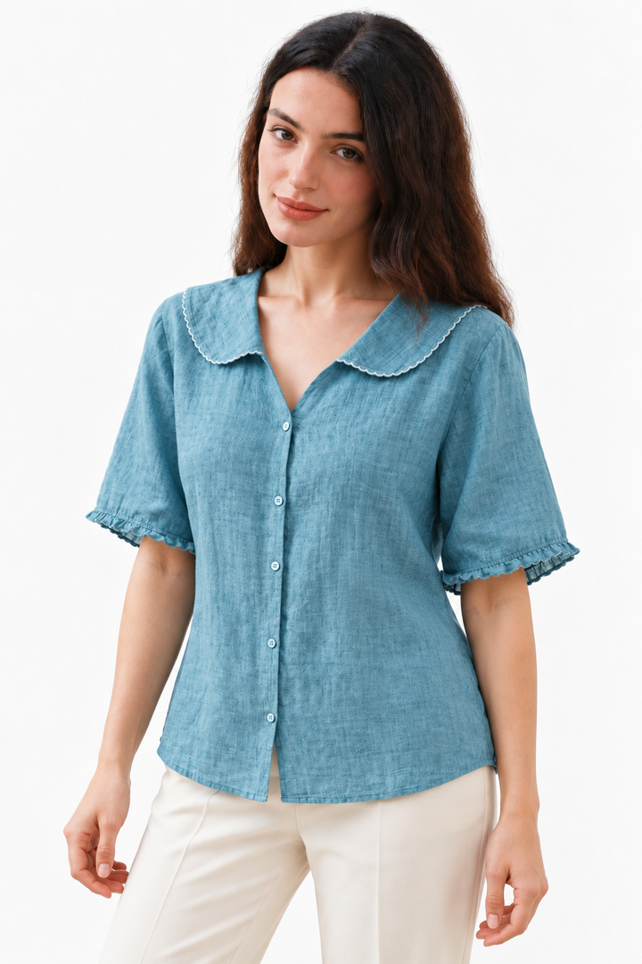 Cotton-Linen Blend Blouse – Scalloped Collar & Easy Movement