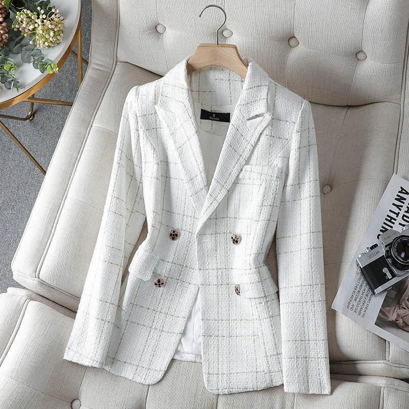 Double-Breasted Plaid Cotton Blazer