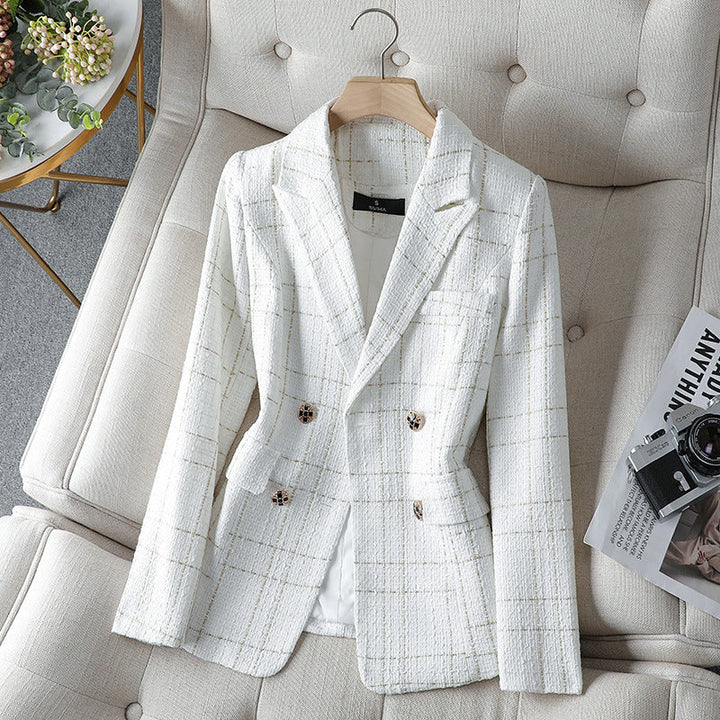 Double-Breasted Plaid Cotton Blazer