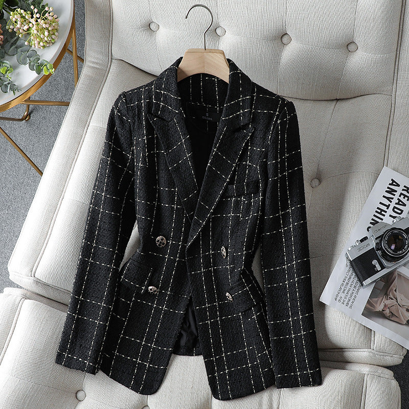 Double-Breasted Plaid Cotton Blazer