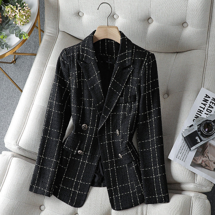 Double-Breasted Plaid Cotton Blazer